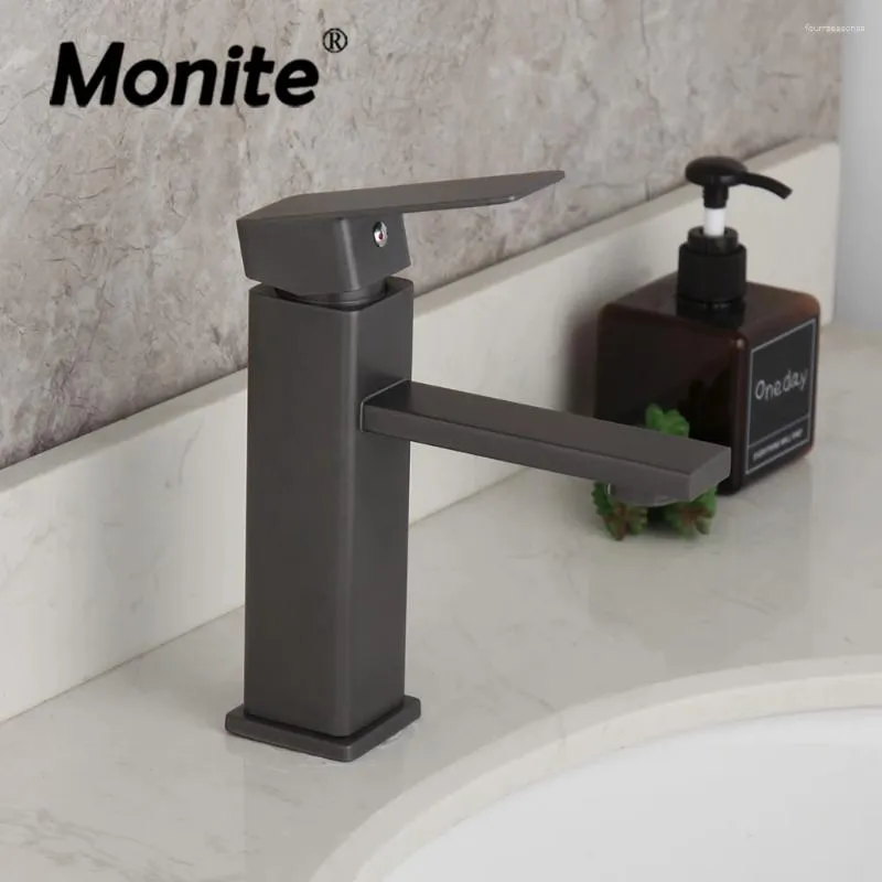 Bathroom Sink Faucets Monite Deep-space Gray Basin Faucet Wash & Cold Mixer Tap Stainless Steel