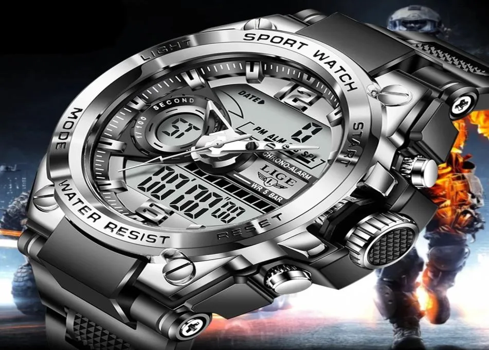 LIGE Digital Men zegarek wojskowy 50m Waterproof Wristwatch LED kwarcowy zegar Sport Watch Mężczyzna wielkie zegarki Mężczyźni renogios Masculino7296928