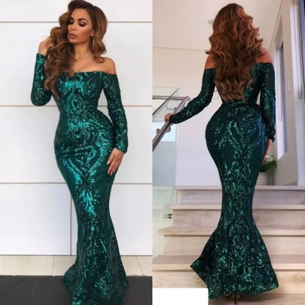 2019 Nya Sparkly Emerald Green Mermaid Prom Dresses Off Axel spetsapplikationer Sequins Plus Size aftonklänningar Kvinnor Formell fest går 2060