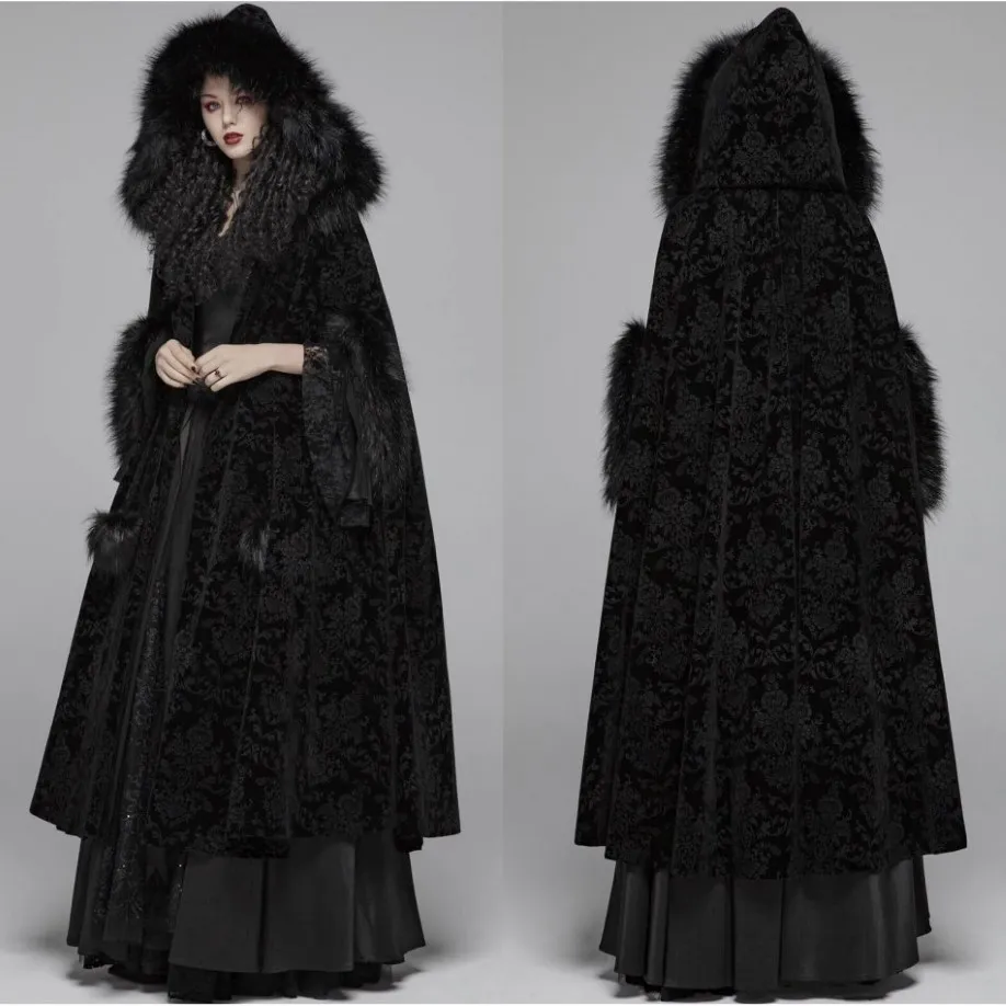 Black Fur Winter Cloak Cape Hooded with Print Trim Long Bridal Wraps & Jackets Special Party Banquet Gothic Wrap Wedding Bride Wear 2754
