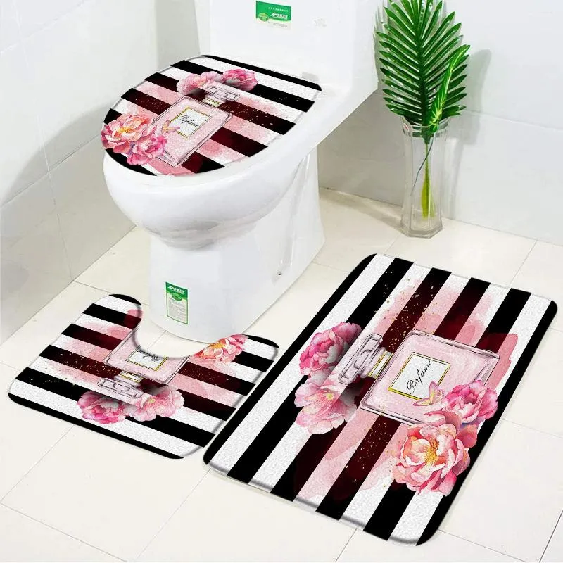 Badmatten Pink Parfübse Matte Set Aquarellblume Blume Black weißer Streifen moderne Modteppich Badezimmer Dekor Boden Teppich Toilettendeckel