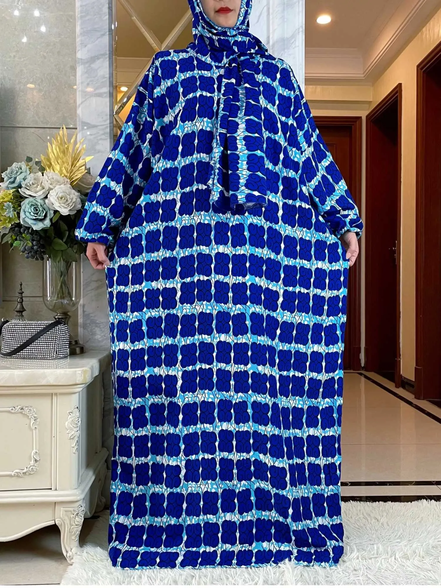 Vêtements ethniques 2024 Muslim Ramadan Prayer Coton Abayas for Women Dubai Turkey Middle East Femme Robe floral robe africaine Turban attaché T240510