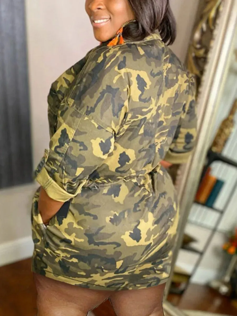 Plus Size Camo Print Drawstring Pocket Plus Size Shirt Dress - Casual Summer/Autumn Camouflage Women's Plus Size Shirt Dress (240420)