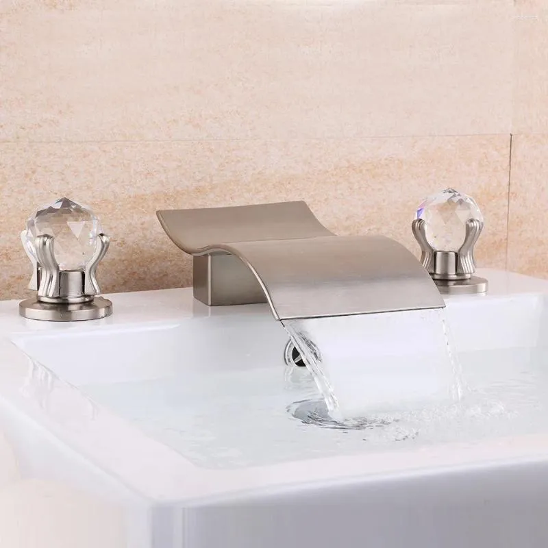 Zlew łazienkowy krany luksusowy mosiądz kran 3 otwory uchwyty krystalicznie szczotkowane nikiel mikser dotknij zimną wodę wanna wodna