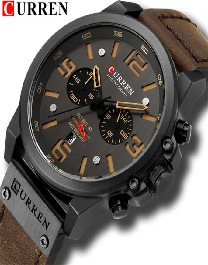 Curren New Fashion Mens Watch Top Big Dial Quartz Watch Кожаные водонепроницаемые спортивные хронограф Watch Men13835978