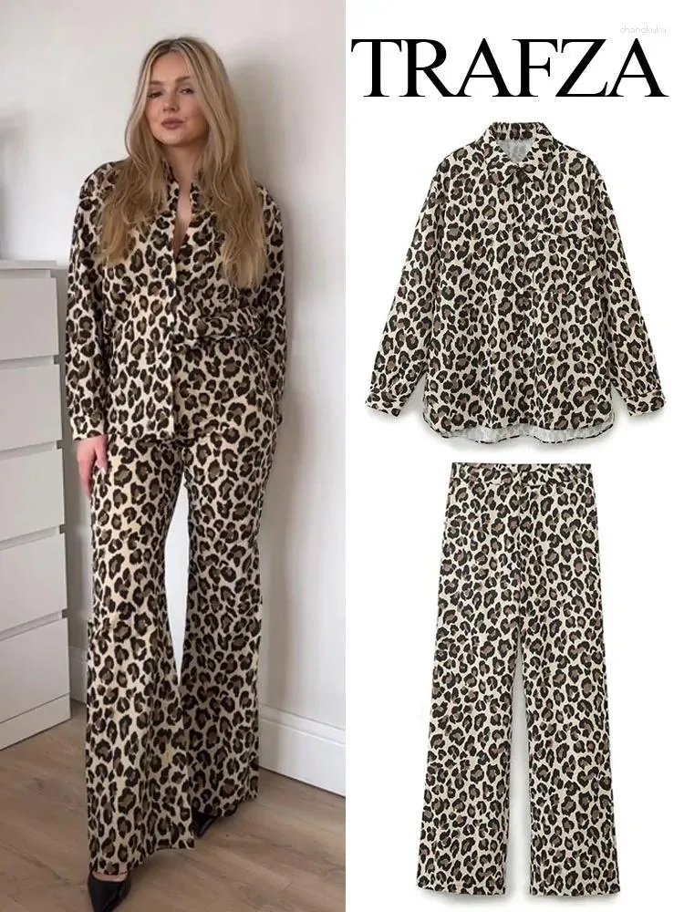 Kvinnors tvådelade byxor Trafza Leopard Print Retro 2 Set för kvinnor Långärjor Lapel med fickskjorta Hög midja rakben vår 2024