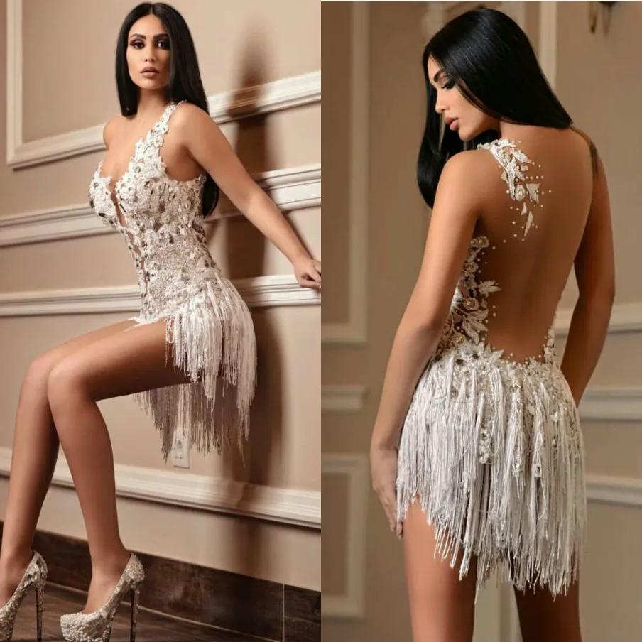 Robes de bal courtes sexy V Neck A Line en dentelle appliquée Crystal Pift Cocktail Robe Fomal Robes Foral personnalisés pas cher en soirée arrière