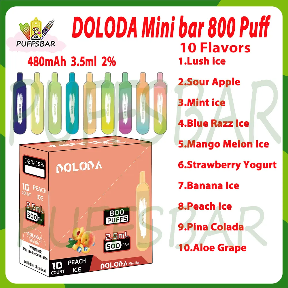 Doloda Mini Bar 800 Puff Dernivable E Cigarettes E 1,2 ohm Mesh Coil 3,5 ml POD 480 MAH Batterie Puff 800 Kit de stylo de vape à 2%