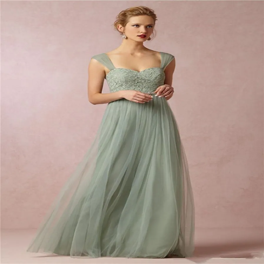2020 New Sage Green Princess Long Brautjungfer Kleider Spaghetti -Gurt Spitze Tüll eine Linie Mädchen formale Hochzeitsfeier Kleid Abschluss Dre 300y