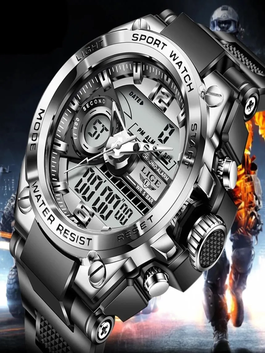 LIGE Digital Men zegarek wojskowy 50m Waterproof Wristwatch LED kwarcowy zegar Sport Watch Mężczyzna wielkie zegarki Mężczyźni relogios Masculino6781688