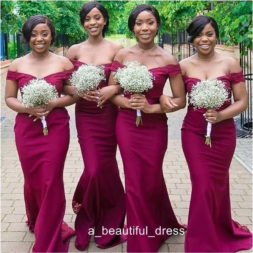 Burgundy Mermaid Bridesmaid Dresses Off Shoulder Sweep Train Lace Country Wedding Guest Gowns Maid of Honor Dress Cheap Free Shipping 243K