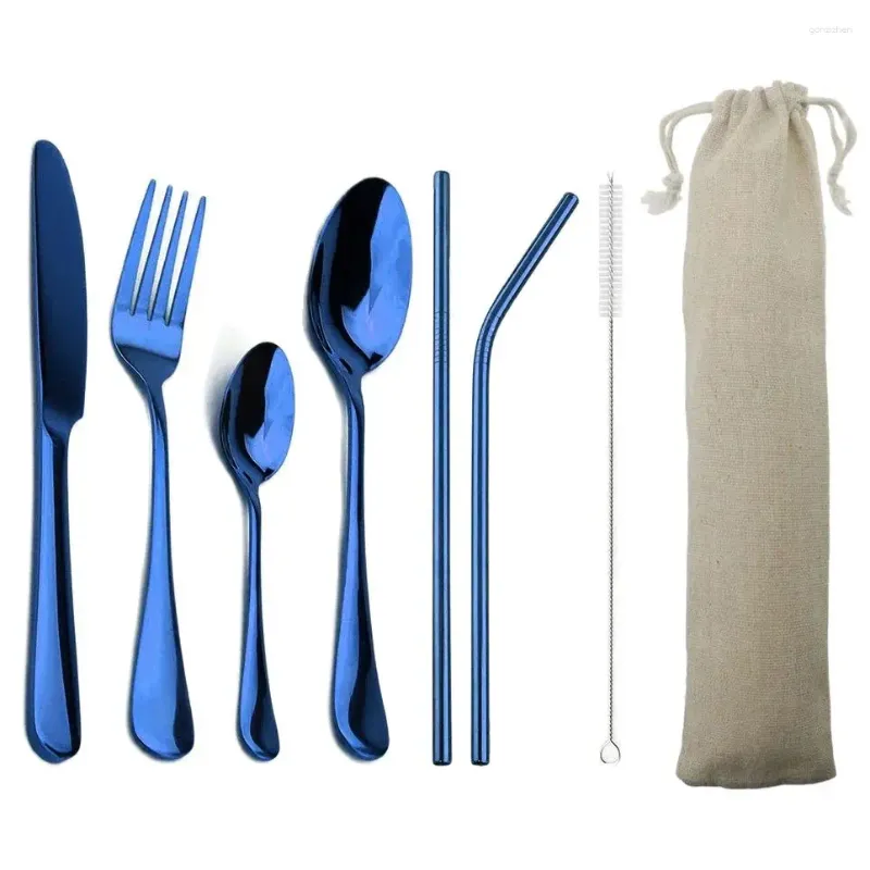 Ensembles de vaisselle 4-PCS Bleu avec 2-PCS Paille métallique en acier inoxydable à table colorée