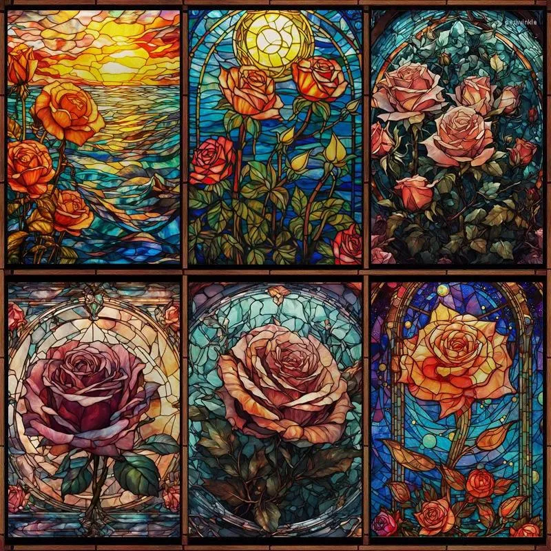 Window Stickers Film Frosted Stained Glass Films Customized Art Design Static Cling Sticker Rose Flower Home Decor Foil Treatment