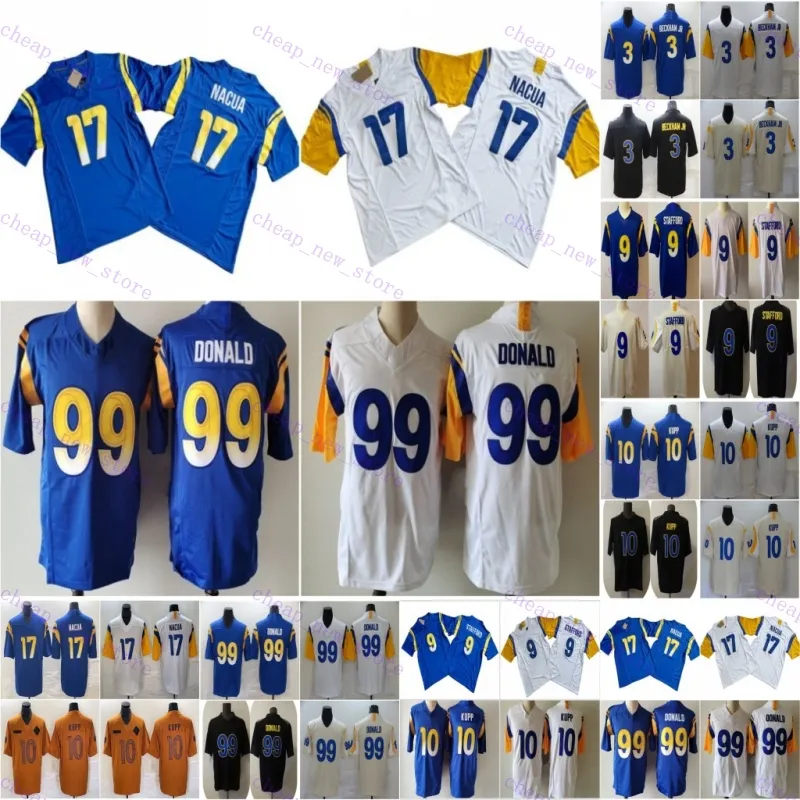 Tanie 17 pka nacua koszulki piłkarskie 99 Aaron Donald Matthew Stafford 9 Cooper Kupp 10 niebieski biały zszyta