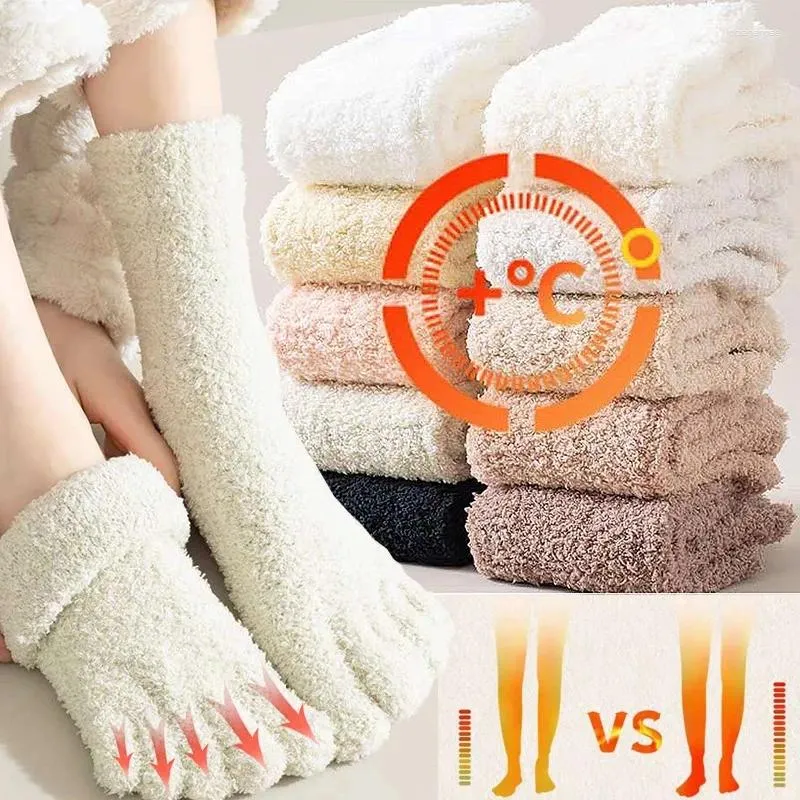 Chaussettes de femmes épaissis de velours corallien cinq doigts pour l'hiver chaud sox sox maison intérieure fashion moderne couleur solide tube moyen bas