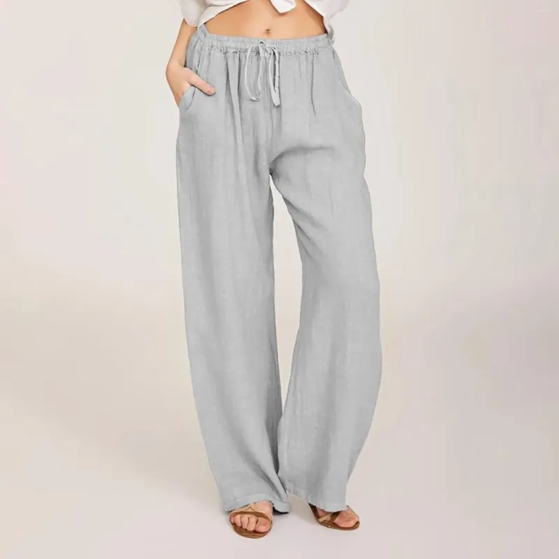 Pantalon pour femmes en coton en coton coton cordon de poche inclinée pure purement couloir sensation pantalon de jambe large en forme de A droite