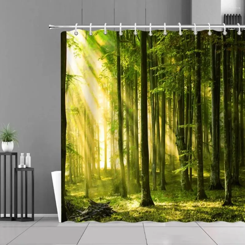 Shower Curtains Scenic Curtain Forest Waterfall Beautiful Scenery Spring And Autumn Alpine River Oil Painting Bathroom Decoration