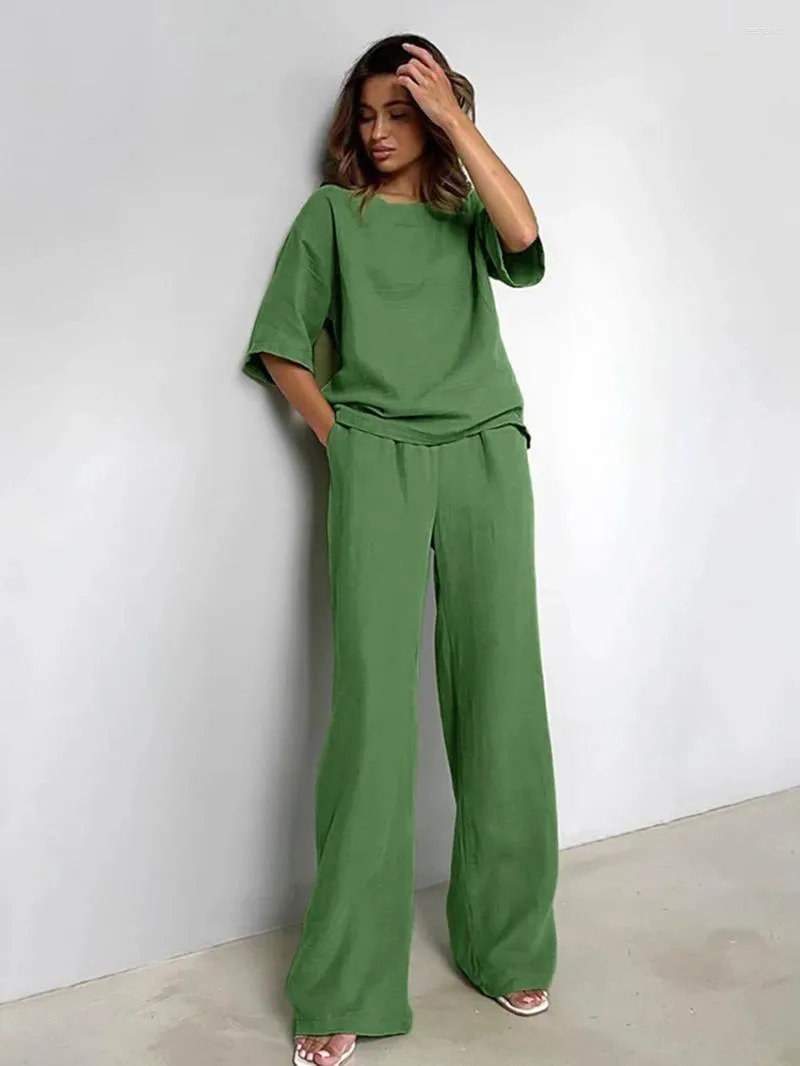 Vêtements à domicile Marthaqiqi Cotton pour femmes pour femmes Set 2 pièces Pyjamas Pyjamas à demi-manches Pantalons de nuit à jambes larges