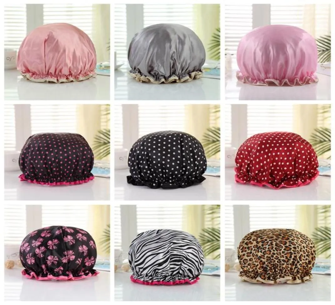 Polka Dot Donne spesse Cappelli in raso Cappelli da bagno colorati Cappelle per la doccia per capelli Copertura Doppio Battini impermeabile BAP6278618