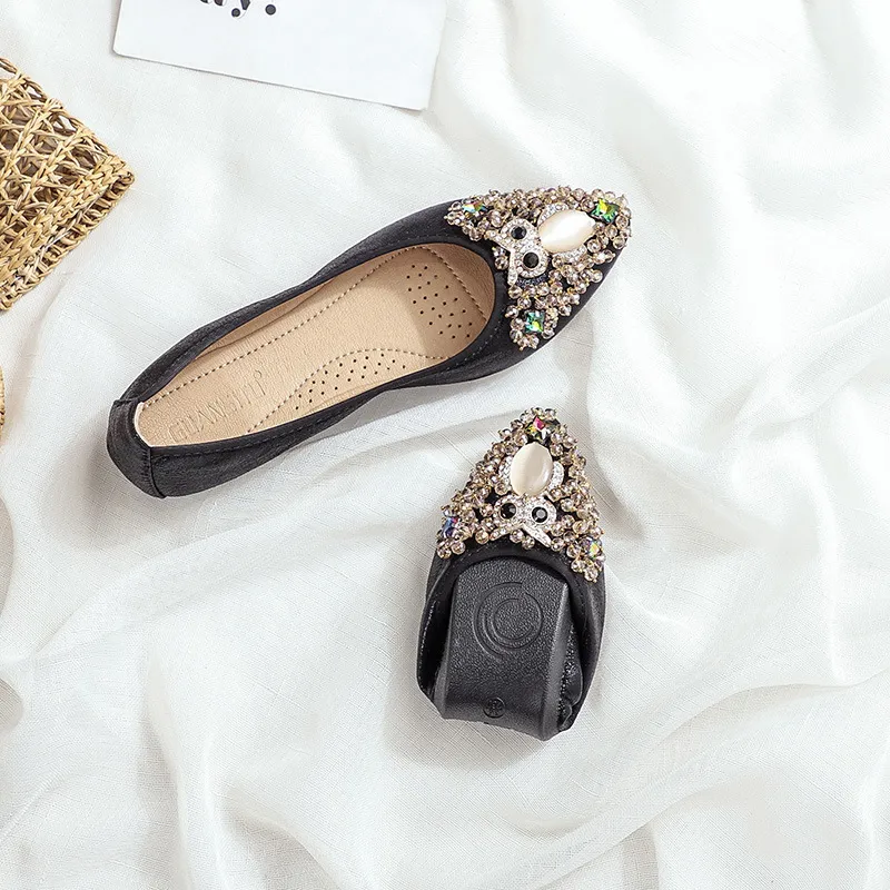 Groot formaat flats dames platte schoenen uil Rhinestone Designer puntige teen vrouwelijke flats zachte zool pulather dames casual schoenen comfortabele vrouw schoeisel schoenen