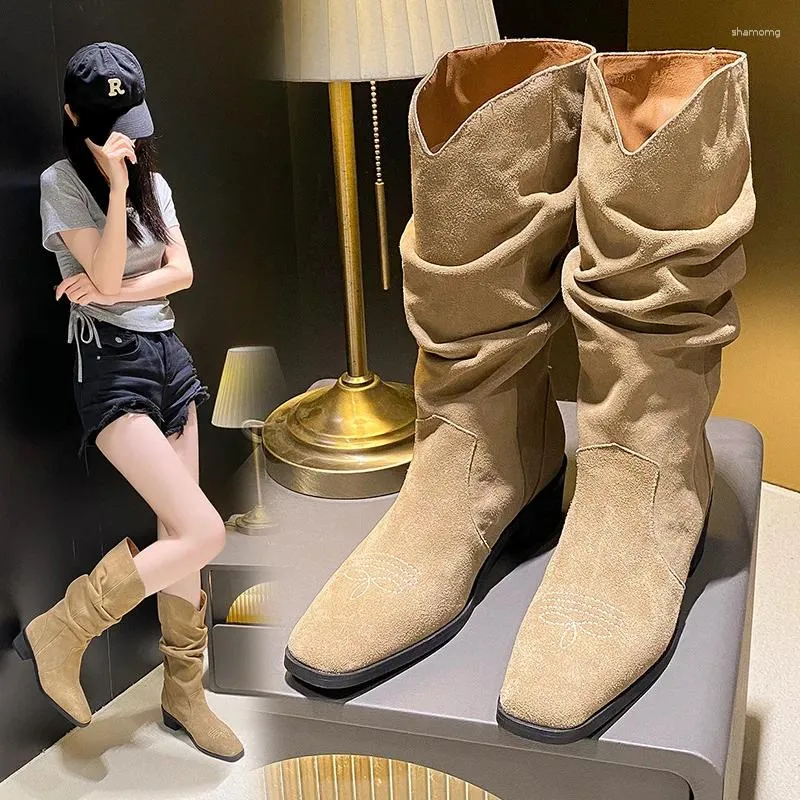 Boots Stacked Knight Retro Thick Heel Square Head 2024 Spring And Autumn Women's Ruffled High Sleeve