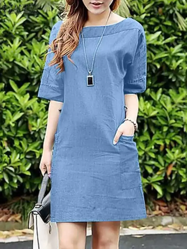 Urban Sexy sukienki Zanzea Summer Vintage Dżins Blue Sukienka Pół płyn Kn Długość sukienki Kobieta stały kolor O-Neck Sundress Fashion Robe 2024 T240510