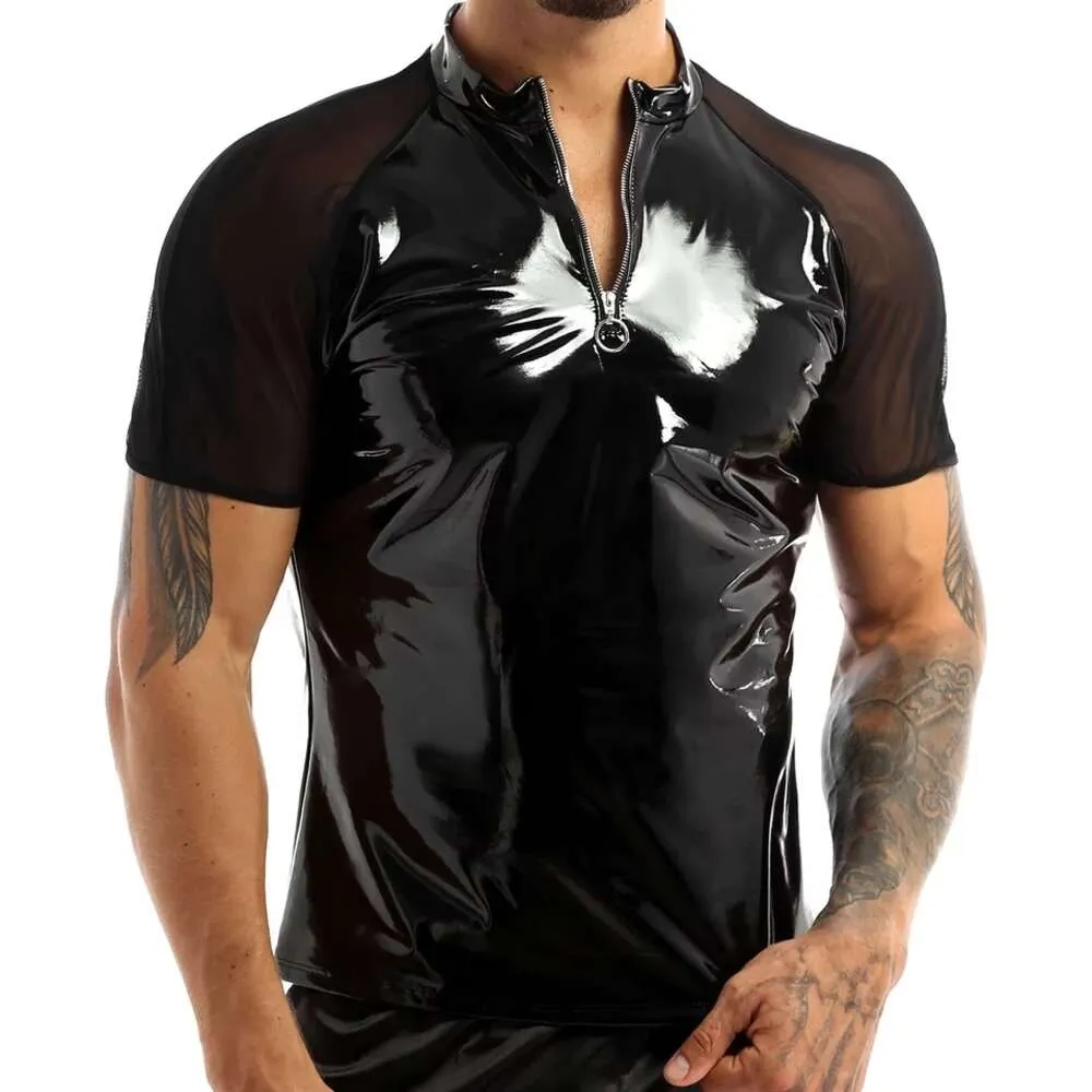 Mens Sexy Glossy PVC Short-sleeved Shirt Erotic Shaping Sheath Latex Bodycon Patent Leather Jacket Tops Mesh Perspective Catsuit Costumes