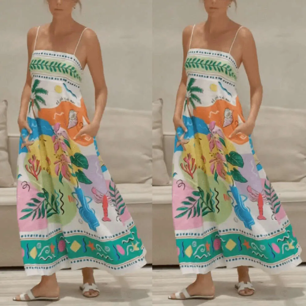 2024 Sommer Frauen sexy Swing -Kleid gedruckt gedruckte HAPENDER ärmellose Langkleider Urlaub FZ2405111