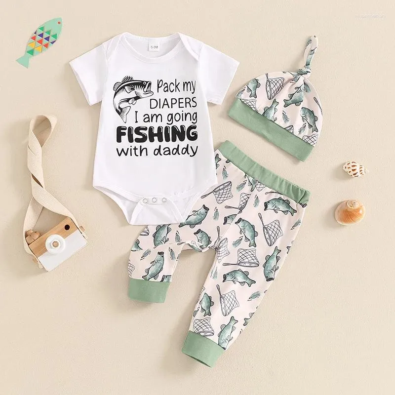 Clothing Sets 0-18months Baby Boy Summer Outfit Letter Print Short Sleeve Romper With Fish Pattern Pants And Hat Infant Boys 3pcs Clothes