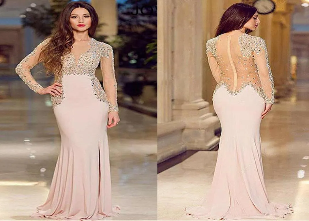 Camiffon Deep Vneckline Sheat Robes de soirée avec des perles Voir à travers des manches longues nues Crystals Slit Prom Robe Vestido de For7464715