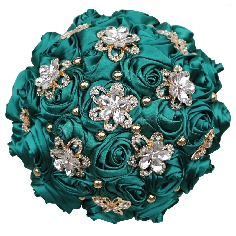 Fleurs de mariage Fleurs vert bleu bouquet de roses en roses accessoires de fleurs bouquets cristales satin artificiel 30cm