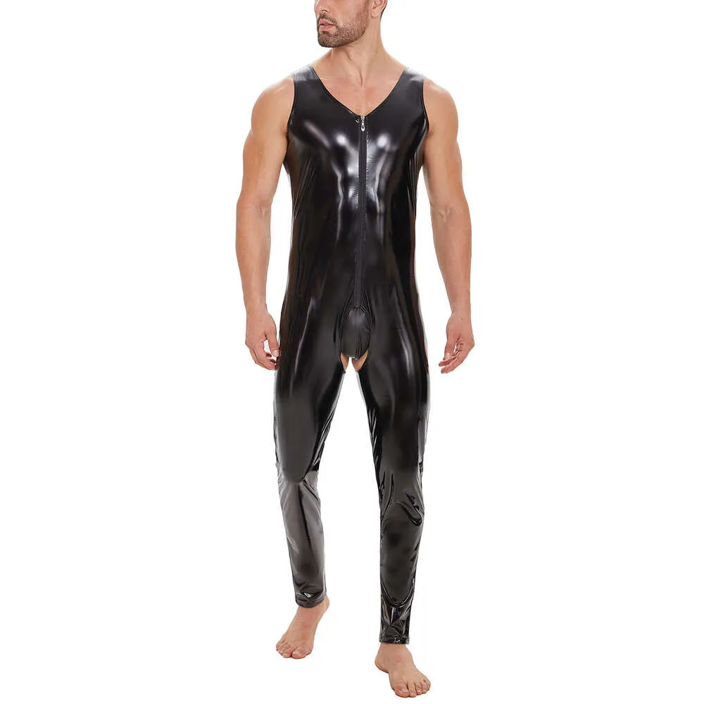 Herren sexy offener Schritt glänzender Overall Erotik Wetlook Leder Leotard krottellos männliche einteilige Bodysuit Gay Clubwear Sexi CatSuit Kostüme