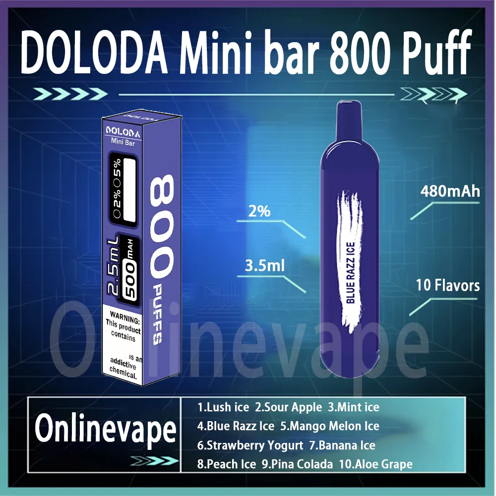 Оригинальный Doloda Mini Bar 800 Puff Orsosable E Сигареты 1,2 Ом сетчатой катушкой 3,5 мл Pod 480 мАч аккумулятор.