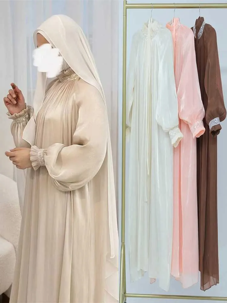 Ethnic Clothing Ramadan Eid Satin Shimmer Sequin Abaya Dubai Luxury Muslim Kaftan African Dresses For Women Caftan Marocain Robe Femme Musulmane T240510