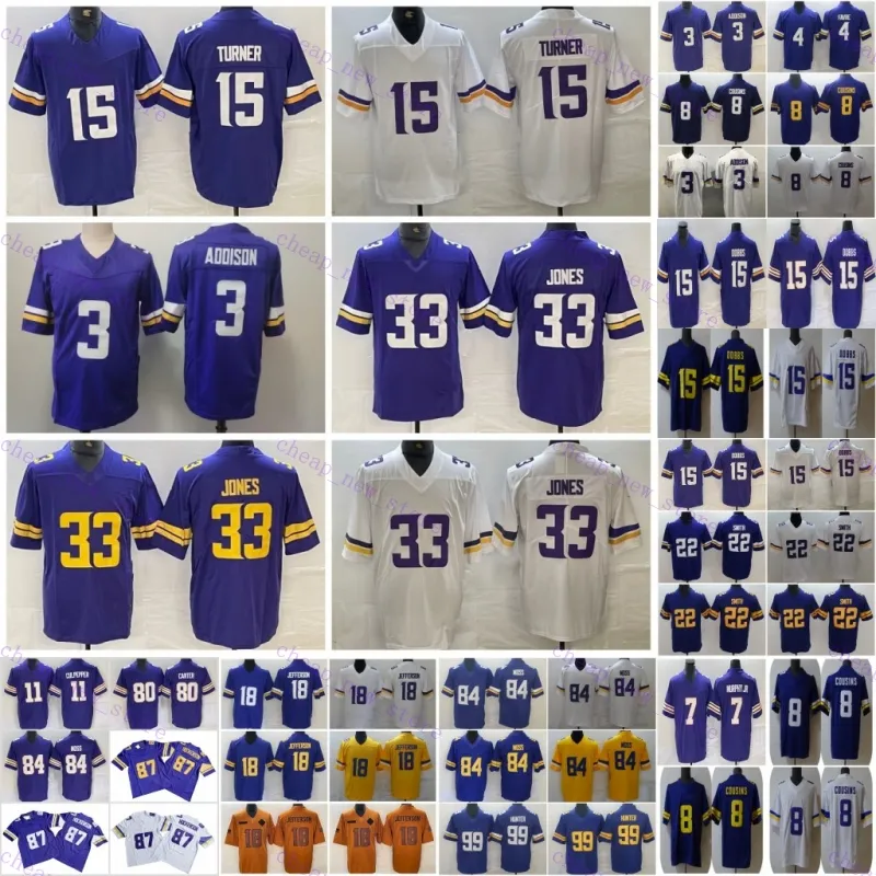 Billig Turner 15 Justin Jefferson 18 Football Jersey Aaron Jones 33 TJ Hockenson 87 Harrison Smith 22 Byron Murphy 7 Randy Moss 84 Cris Carter 80 Purple White Stitched