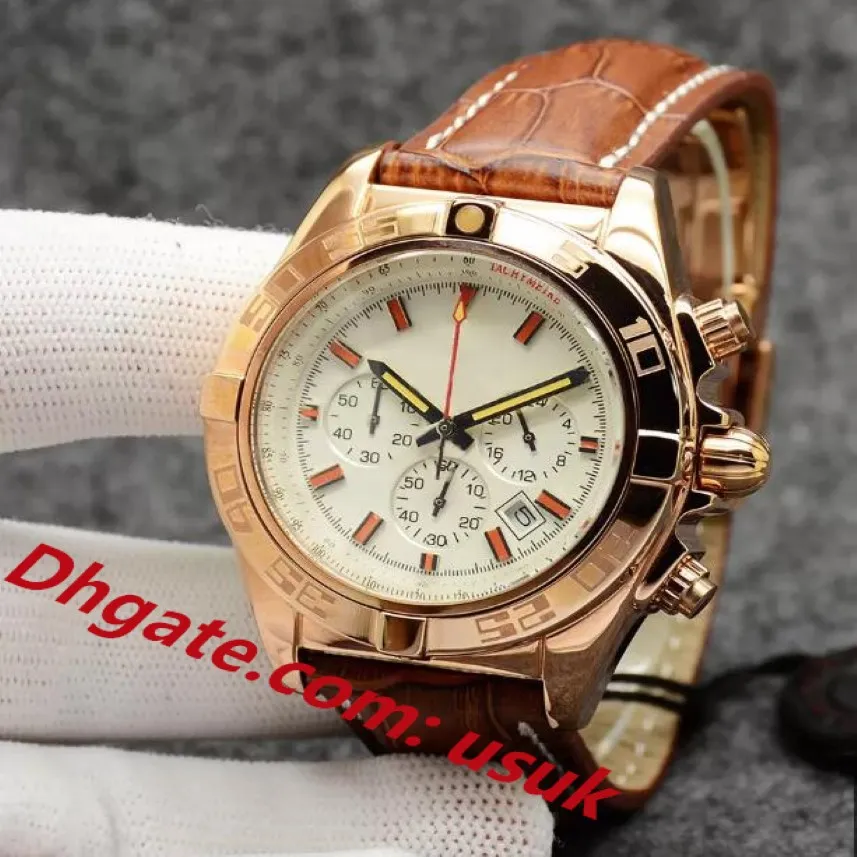 3A جودة رجال مشاهدة 44 مم كرونومات B01 Chronograph VK Quartz Movement Rose Gold Silver Dial 50th Anniversary Men Watches Leather Stra 288d