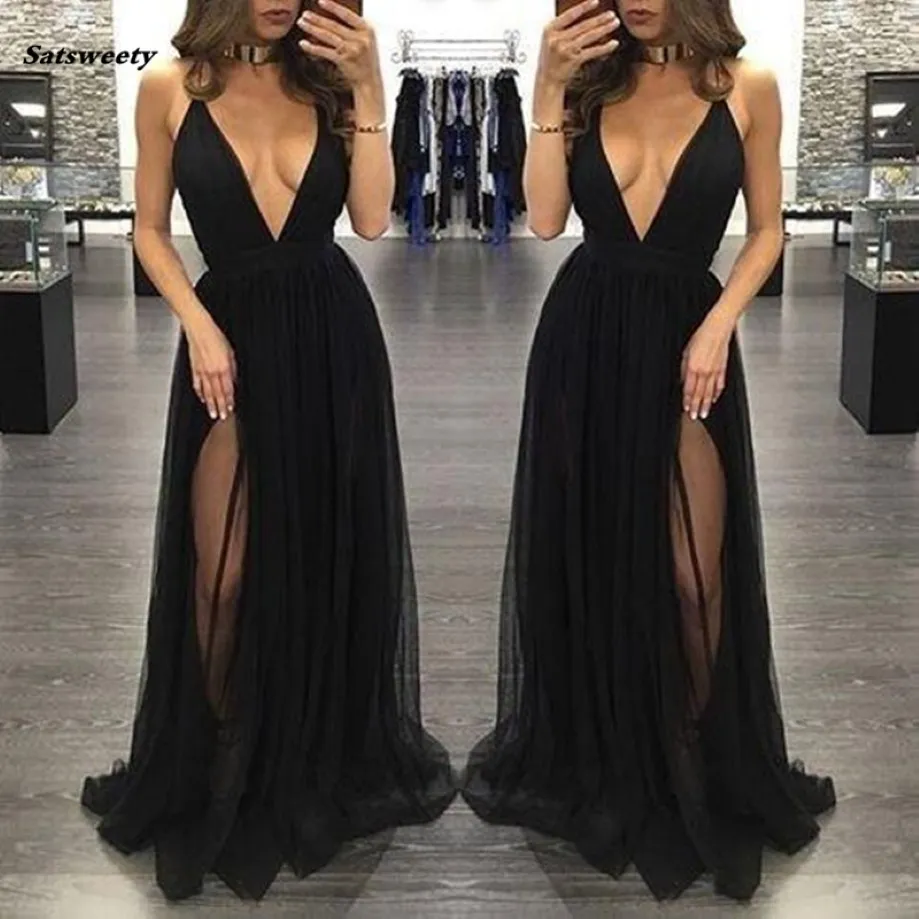 Yeni yüksek yan bölünmüş tül balo elbiseleri siyah seksi derin v boyun uzun kadın etekler resmi parti gece önlükleri vestidos de baile 275m