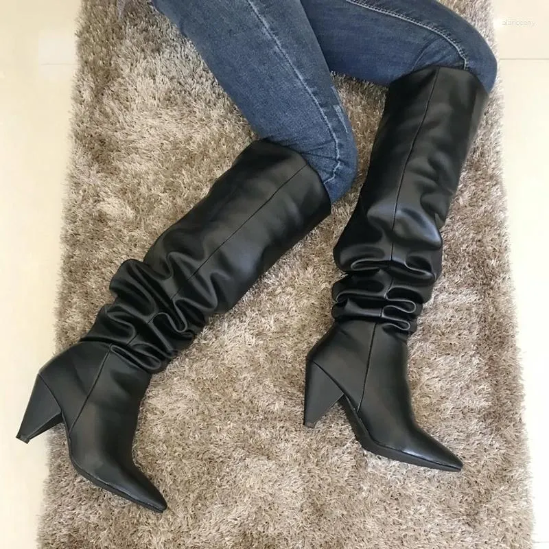 Stivali in pelle nera coscia alta goccia con tacco a punta sopra la donna ginocchio pieghettata con punta di piedi zip winter