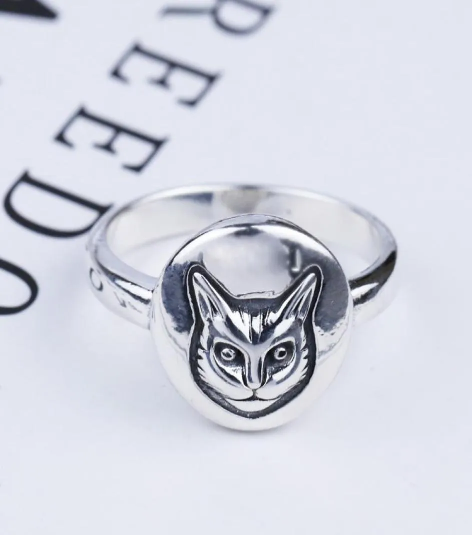 S925 Silver Cat Head Ring Vintage Classic Sterling Silver Cat Face Ring Britse stijl Hiphop mannelijke en vrouwelijke Thai Silver Ring8015531