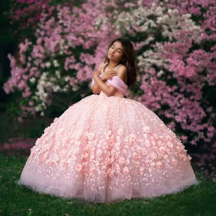 Robe de balle en perlé rose robe de fille fleurie appliquée 3D pour mariage tulle d'abord des filles épaules robes de concours saintes robes de communion 292Z