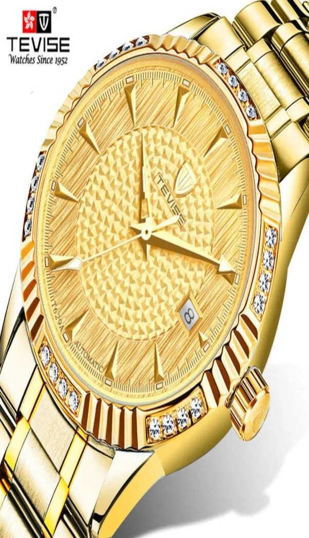 Top Brand Tevise Golden Automatic Men Mechanical Watches Torbillon Business Gold bracelet Gold 9952812