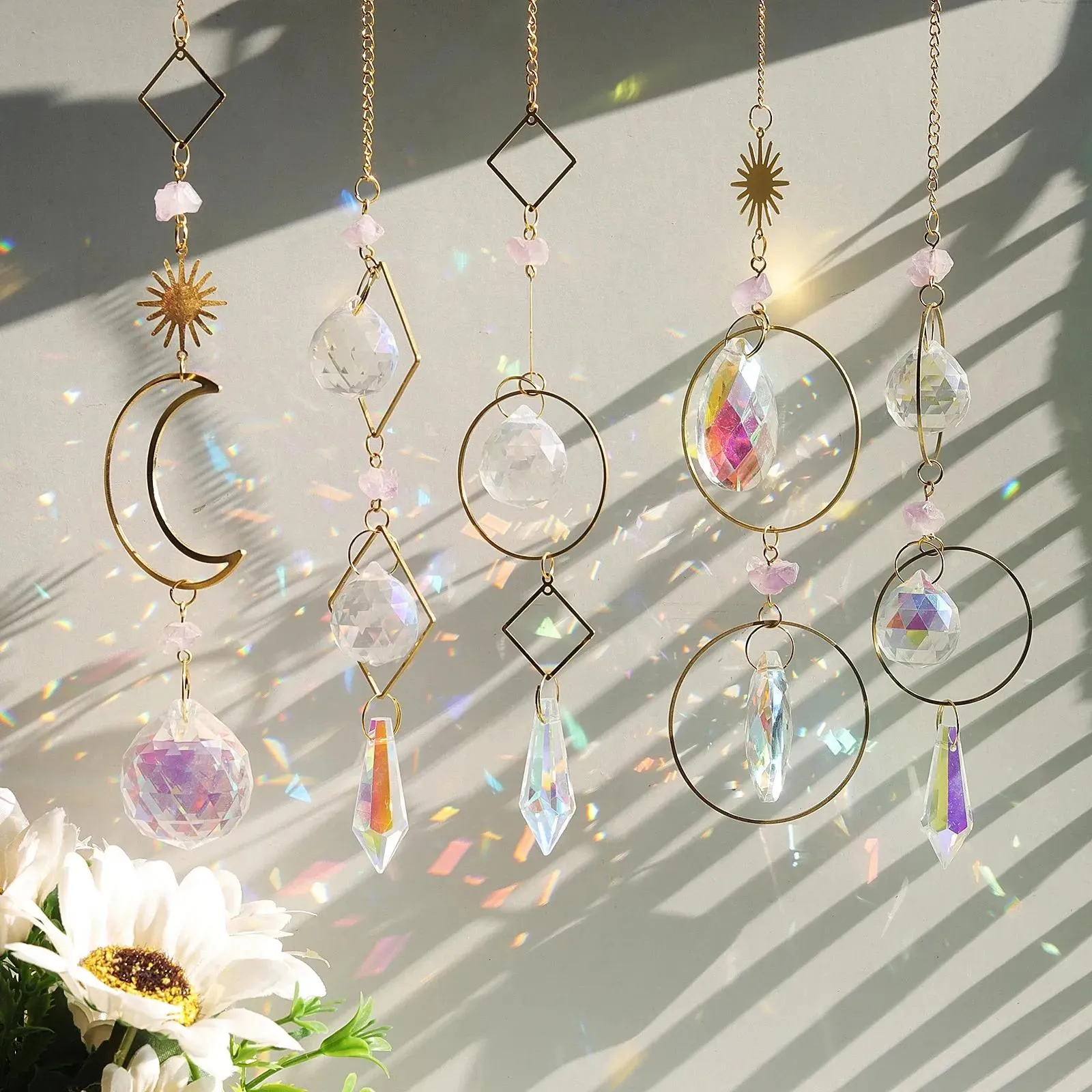 Moon Crystal Wind Chimes Windows ve Bahçe Zz için Gökkuşağı Makinesi Suncatcher