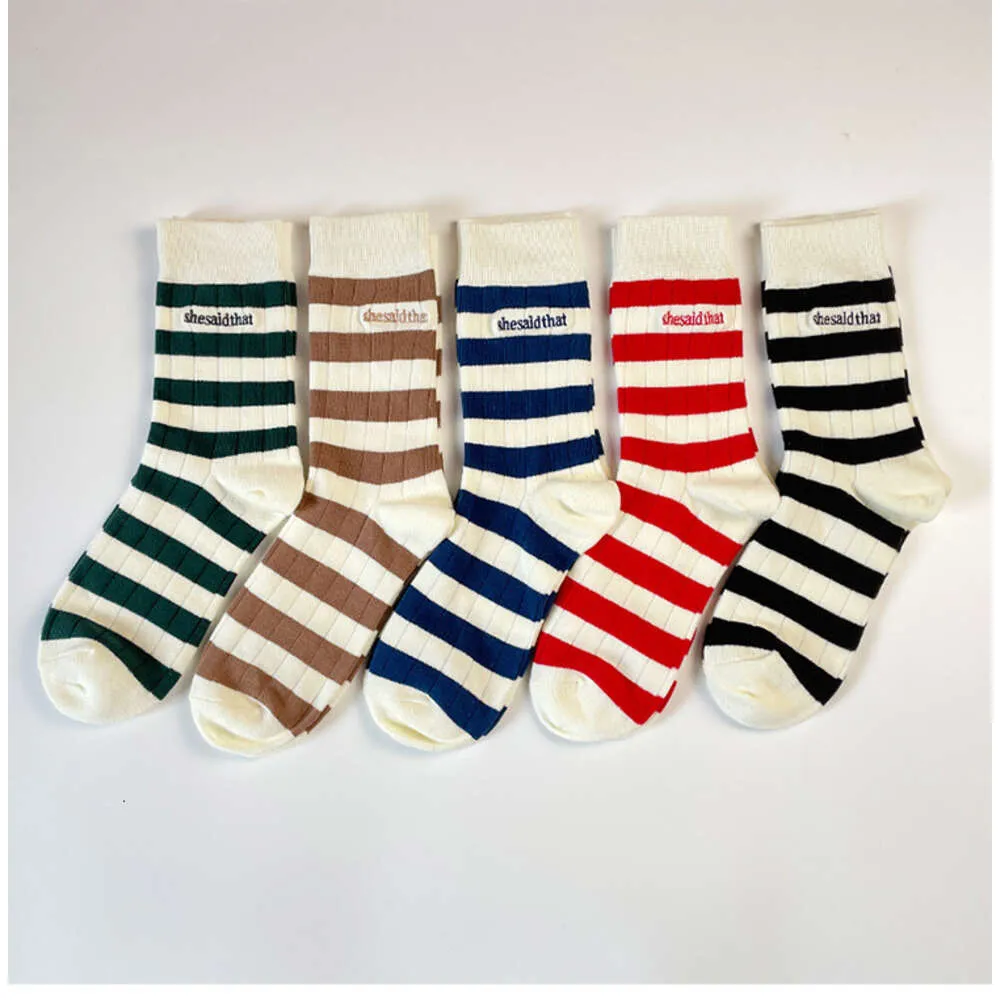 Men's Socks She Said That Korean Spring/summer Stripe Co Branded Socks Mens and Womens Mid Length English Embroidered Sports Socks Ins Nz5f