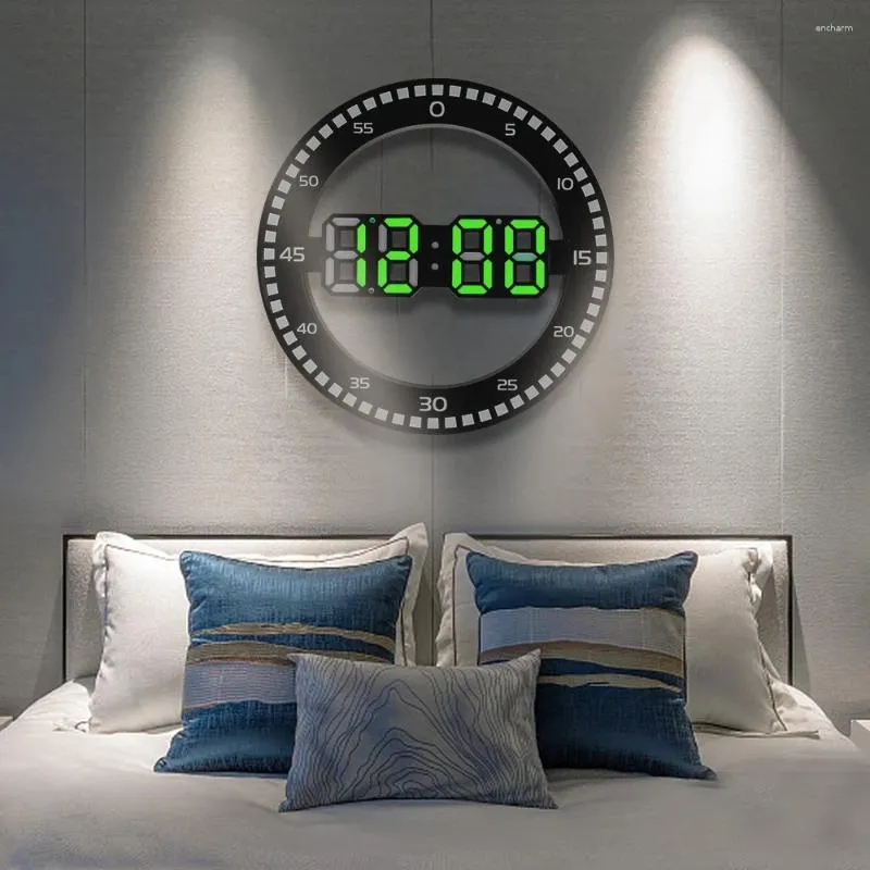 壁の時計アラームカレンダーT皇帝ハーモメーター3DデジタルサーキュラーリビングルームのためのホームデコレーションLEDクロックのための明るいサイレント