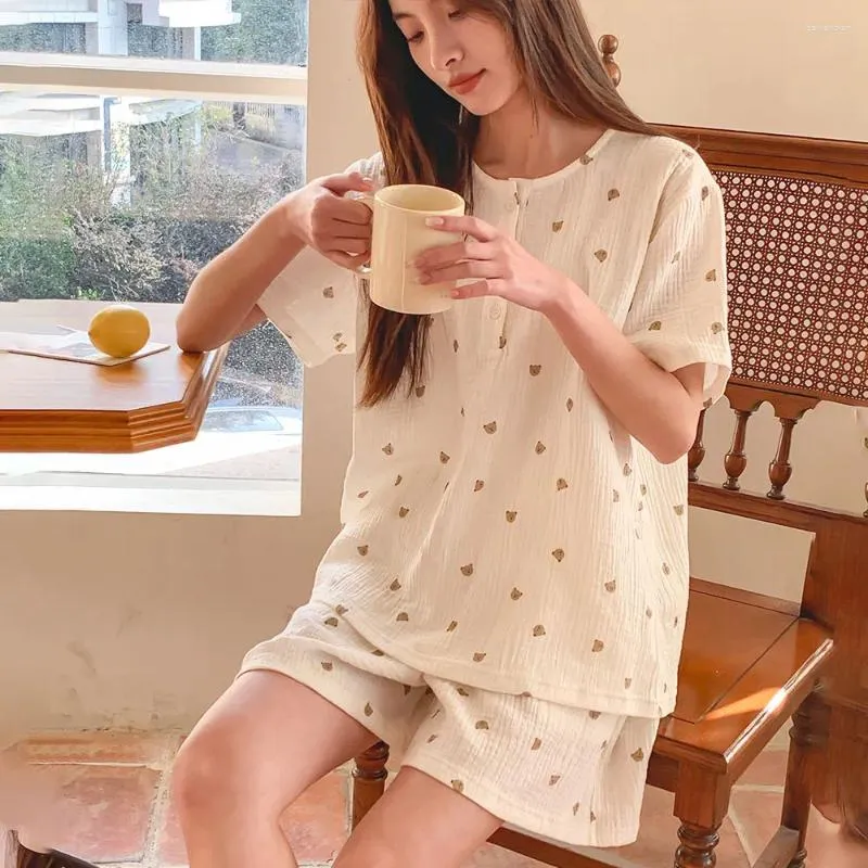 Home Clothing Pajamas Women's Summer 2024 Pure Cotton Simple And Cute Loose Thin Short Sleeved Pants Two Piece Furnishing Set Female