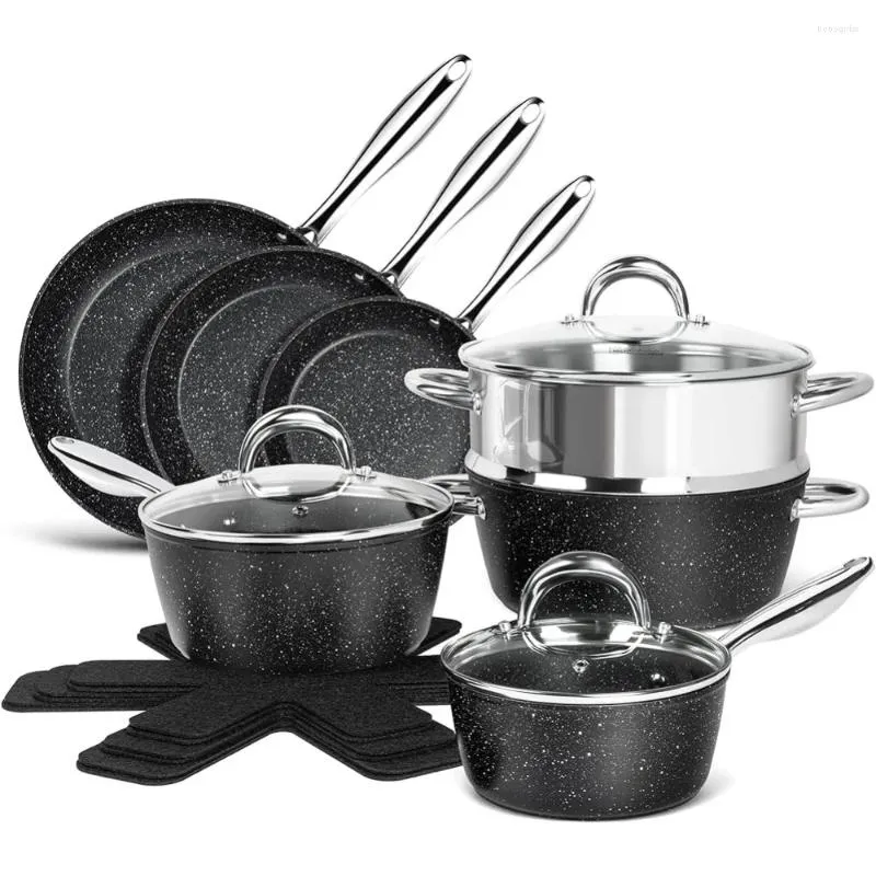 Ensembles d'ustensiaux de cuisine Pots et casseroles Définir une cuisine antiadhésive 16 pièces avec revêtement en granit