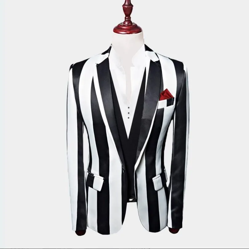2020 Blazer listrado em preto e branco 3 peças Ternos masculinos Casa de casaco de casamento personalizado Coloque de calça 233V
