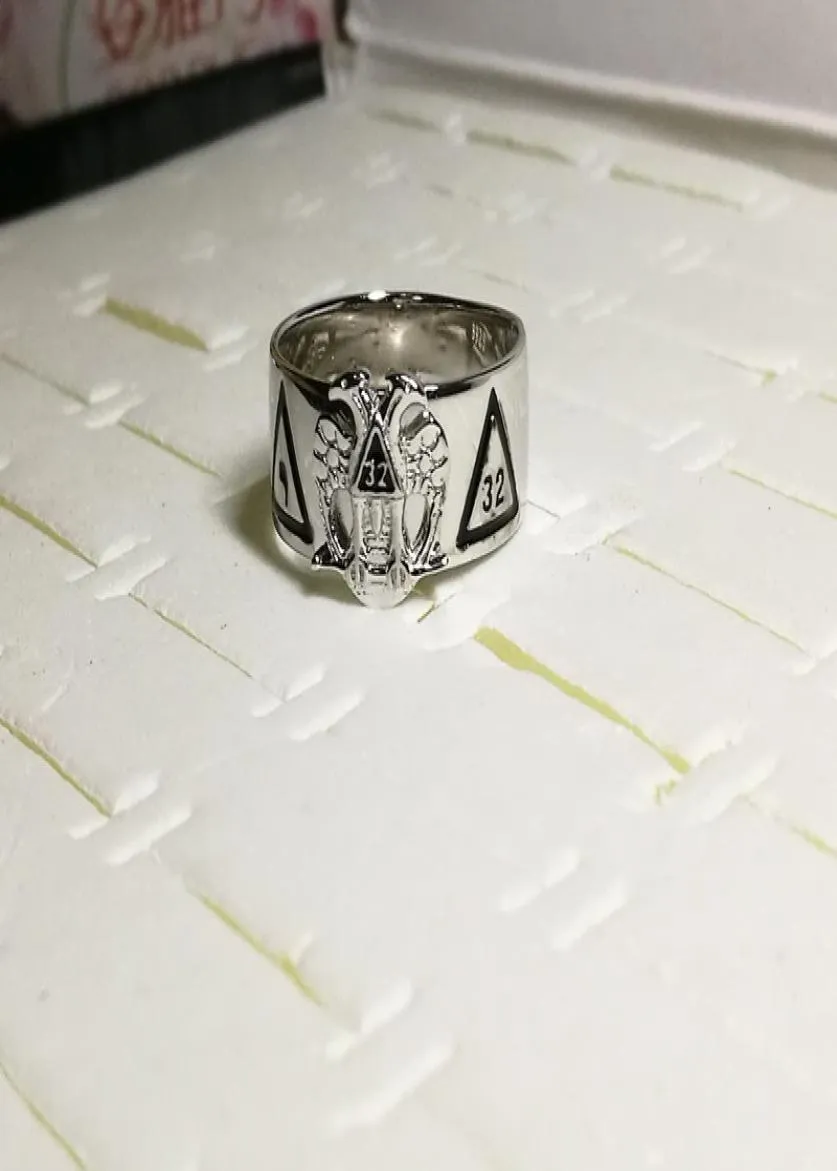 Solid 925 STERLING Silver Rhodium Placing 18K Gold plaqué MANS MASONIC RING ISH Rite Rite 32 degrés avec aigles ailes en baisse3420695