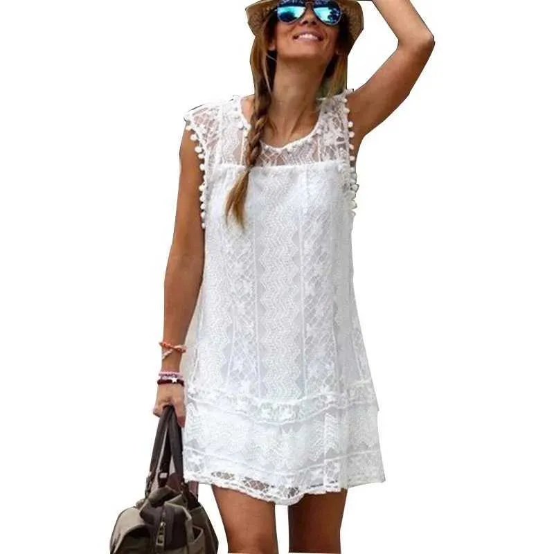 Podstawowe sukienki swobodne Summer White Women Sukienka 2023 Casual Sleeveless Beach Spódnica kobiet seksowna mini koronkowa sukienka 2405