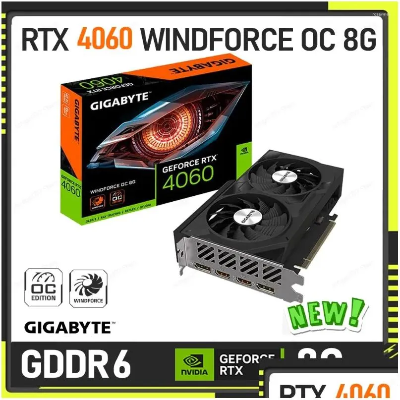 Cartões de gráficos gigabyte geForce RTX 4060 WindForce OC 8G Card 8Gb 128 bits PCI-E 4.0 GDDR6 VÍDEO DUPLO VÍDEO DOUSPORTE DOISTE DHN7V